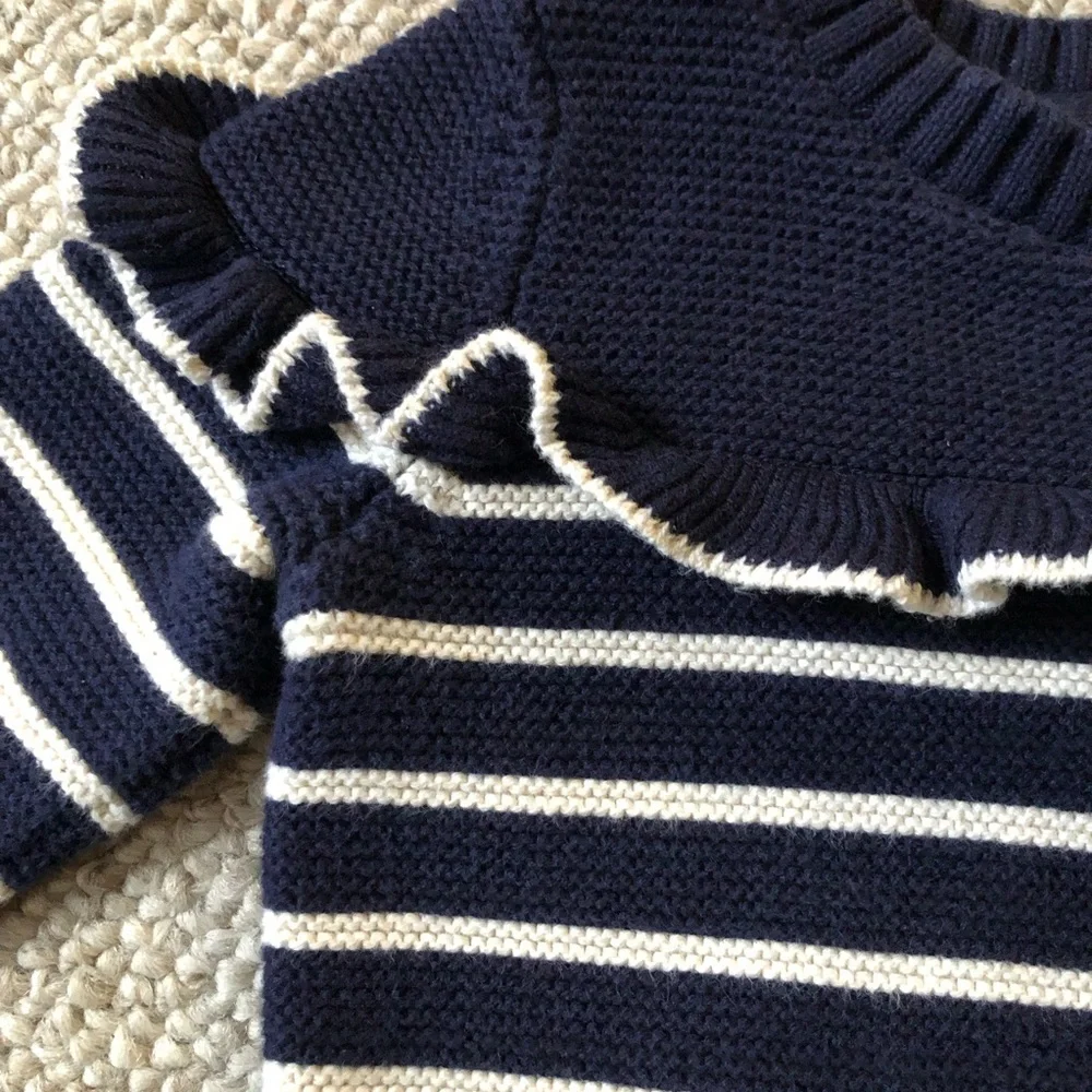 Baby Gap Navy Blue and White Breton Stripe Ruffle Sweater 2T